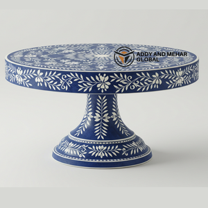 Assiette à dessert de luxe en forme de feuille florale avec support à gâteau en incrustation d'os bleu fabriqué à la main - Product Image 6