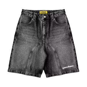 Pantalones cortos vaqueros lavados con ácido bordados personalizados, holgados, de corte holgado, ropa de calle de gran tamaño, pantalones cortos vaqueros estilo Cargo con patrón Vintage para hombre - Product Image 1