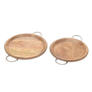 Plateau pouf en bambou naturel Plateau de service en bois Plateau rond en bois avec poignées - Product Image 5