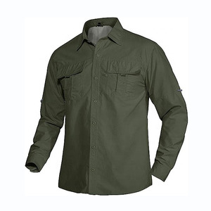 Camisa Formal de Manga Larga para Hombre, Color Verde Oliva, con Bolsillos en el Pecho, Cuello Mao, Cierre con Botones de Cuerno, Patrón de Camuflaje, Tela Dobby - Product Image 3