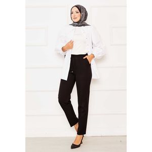 Pantalon crayon noir slim, taille élastique mi-haute, respirant, décontracté, taille XL, couleur unie, effet froissé - Product Image 1
