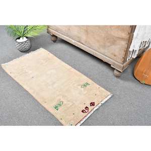 Alfombra de lana turca Beige Vintage de 1,6x3,2 pies, hecha a mano, clásica, área grande, patrón de retazos abstracto, látex para decoración de habitación de pasillo - Product Image 2