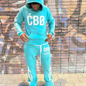 Custom Logo Acid <b>Wash</b> Flare Sweatpants And Hoodie Set Jogging Tracksuit Adults For <b>Men</b> With Distress Applique Two Piece Set - Product Image 1