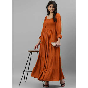 DEEBACO Women's Tan Solid Viscose Rayon Smocked Tiered <b>Dress</b> 3/4 Puff Sleeves Square Neck Fit & Flare Maxi Length Summer Western - Product Image 1