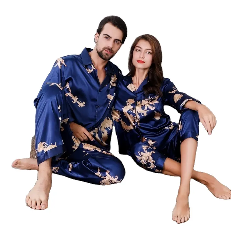Night wear unisex 2 Pieces suit couple matching night dress long sleeve shirt and Trouser for men women