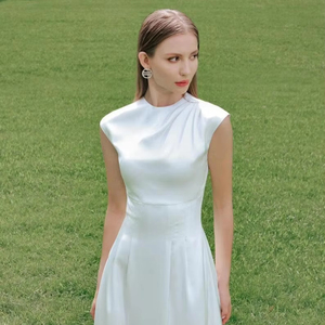 100% seda satén blanco cuello redondo Maxi vestido con mangas casquillo hasta el suelo boda invitado dama de honor regalo elegante boda invitado - Product Image 6