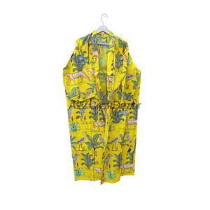 Peignoir Kimono Long en Coton Imprimé Floral Jungle Tigre Jaune, Fait Main, Taille Élastique, Pour Toutes Saisons - Product Image 5