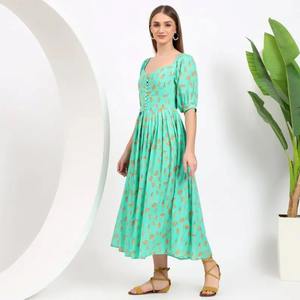 Vestido de algodón indio hecho a mano para mujer elegante bloque Floral estampado verano Casual ropa de fiesta para regalos de novia suministro ODM - Product Image 4