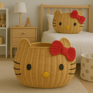 Panier rond en rotin Kitty meilleur prix pour enfants jouet panier de rangement pour chambre d'enfants - Product Image 1