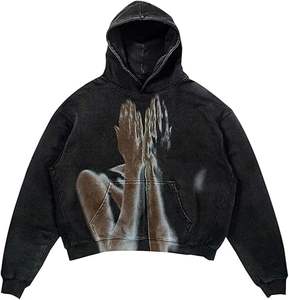 Sudadera con Capucha Personalizada de Alta Calidad, Estilo Urbano, de Felpa, Vintage, de Doble Capa, Lavada al Ácido, con Bolsillos Desgastados - Product Image 1