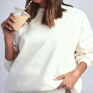 Custom High Quality Casual Knitted Winter Cotton Fleece Front <b>Drop</b> Shoulder Screen Print Crew Neck Sweatshirt for Women - Product Image 3