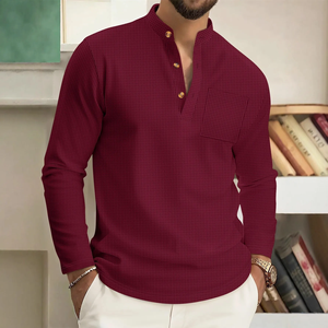 Camiseta de Hombre 2026, Estilo Waffle, Manga Larga, Cuello Alto, Color Sólido, Casual, con Bolsillos, Estilo Europeo Americano, 100% Algodón Tejido - Product Image 4
