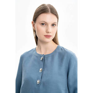 Robe florale à col mandarin indigo, coupe décontractée - Style vintage élégant pour le printemps - Product Image 5