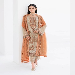 Colección de gasa Vestidos de fiesta paquistaníes para mujeres Festival Wears 3 piezas por Ramsha Vol Sari para niñas Trajes de boda - Product Image 6