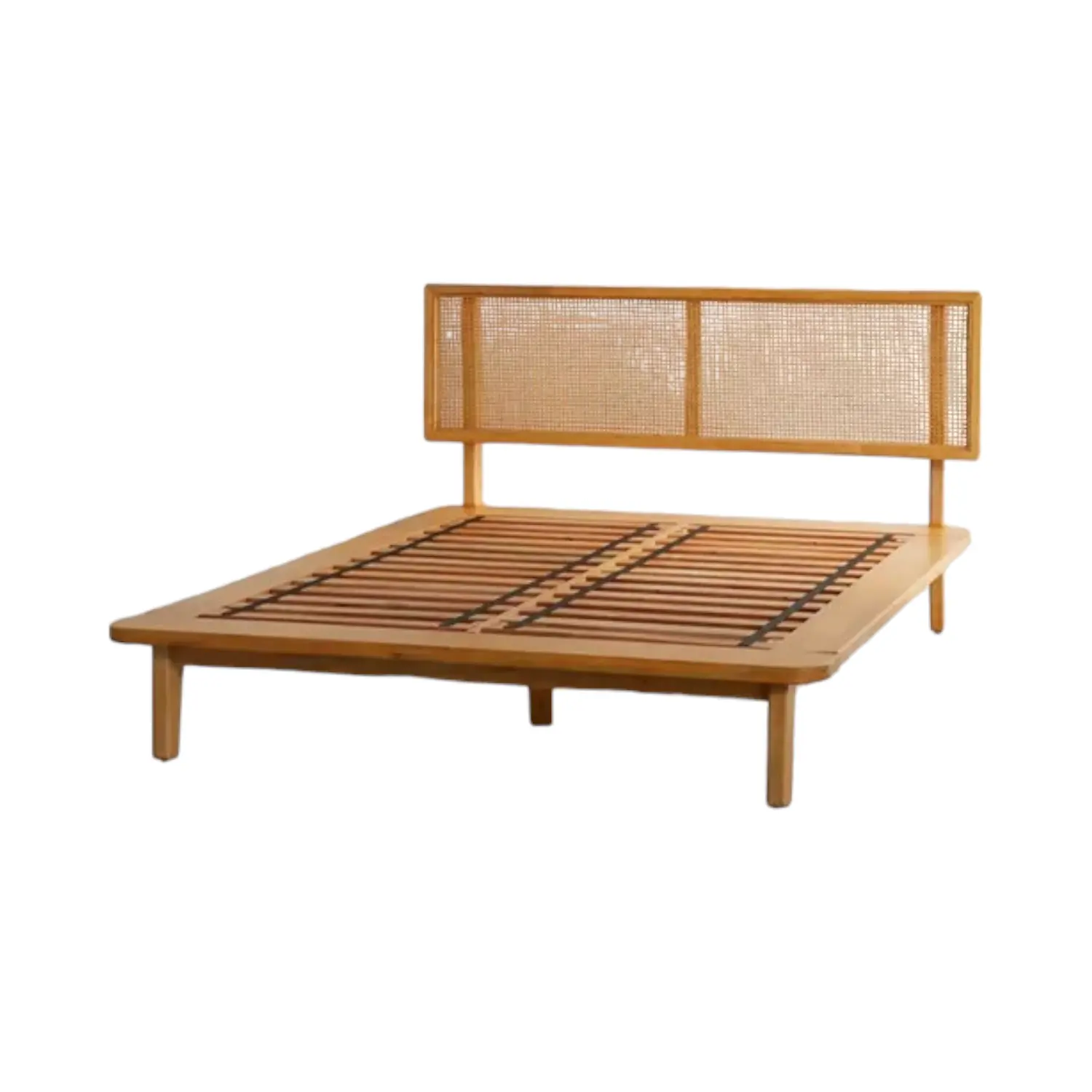 Кровать из массива дерева размера «Queen-Size» с минималистичным дизайном, кровать из цельного дерева из ротанга, обрамляют современные кровати на платформе для мебели для спальни