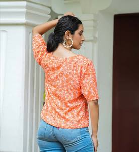 YASH GALLERY <b>Women's</b> Casual <b>Orange</b> Floral Printed <b>Top</b> Set Regular Ankle-Length with Pattern Decoration - Product Image 2