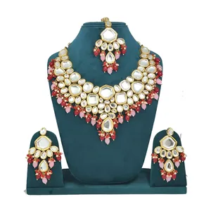 Ensemble de bijoux de mariée de luxe Deepanshi Meenaakri Kundan plaqué or 24 carats rose et rouge Meenaakri pour les mariages - Product Image 1