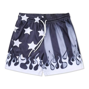 Pantalones cortos de baloncesto para hombre Flame Graphic Print, Casual Workout Athletic Mesh Running Short Pants Star Flame Black Grey - Product Image 1