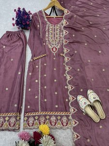 Broderie de séquences de créateurs sur le dessus en tissu de soie et le plazzo avec Dupatta Salwar moderne pour les mariages et les fêtes Plages Nouveau lancement - Product Image 4