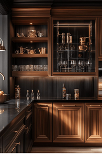 Meuble de bar en bois foncé de style secrétaire traditionnel avec dessus de service rabattable, disponible au prix de gros. - Product Image 3