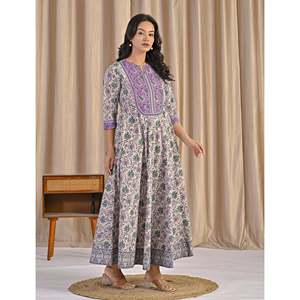 Robe Anarkali en coton imprimé à la main, gris et violet, vêtements américains - Product Image 6