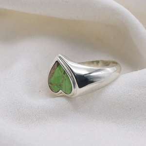 Green Copper Turquoise Heart Ring 925 Sterling Silver Handmade Gemstone Jewelry Women Fashion Gift - Product Image 3