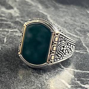 Anillo de Plata Hecho a Mano con Incrustaciones de Ágata Verde, Diseño Elegante, Anillo Grabado, Piedra de Ágata Natural Única, Idea de Regalo para Novio - Product Image 3