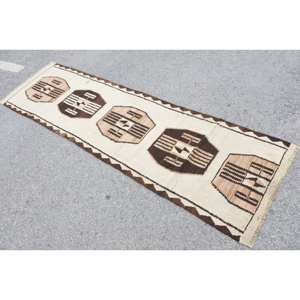 Rústico Beige Marrón 2,6X9,4 pies Área grande Alfombra de lana hecha a mano Rectángulo abstracto turco Diseño de retazos Látex para habitación de pasillo - Product Image 4