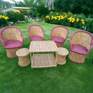 Ensemble de chaises vintage en rotin et bambou avec 2 poufs et table basse Ensemble de restaurant Ensemble de chaises canapé d'extérieur pour jardin, bureau, salon - Product Image 1