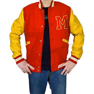 แจ็คเก็ตวาร์ซิตี้แนวทริลเลอร์สำหรับฤดูหนาว สีแดงสด ผ้าขนสัตว์ แขนหนังเทียมสีเหลือง ทรงบอมเบอร์ กระเป๋าติดกระดุมแบบตัดกัน ดีไซน์โดดเด่น - Product Image 4