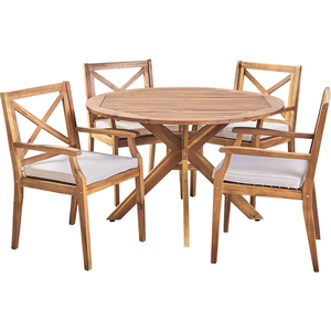 Ensemble de salle à manger d'extérieur rond en teck massif fabriqué à Osaka avec coussins et finition naturelle - Product Image 2