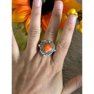 Southwest Handmade Spiny Oyster & Sterling <b>Silver</b> <b>Adjustable</b> Heart <b>Ring</b> Rose Gold Plated Alloy Bezel Set Inlay One Size Gift - Product Image 2