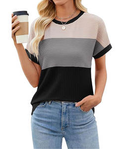 T-shirts à col rond à manches courtes respectueux de l'environnement pour femmes respirant bloc de couleur rayure printemps été décontracté Logo Jersey T-Shirts - Product Image 1