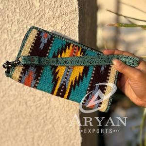 New Arrival Western Aztec Fabric Leather Hand <b>Clutch</b> Women Multi Color Purses Unique Aztec Quilted Leather <b>Wristlet</b> Wallets - Product Image 1