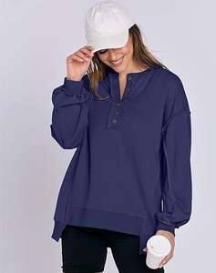 Sweatshirts oversize pour femmes, manches longues, col Henley, boutonné, pull à capuche, tunique, hauts, vêtements tendance automne 2025, mode 2025 - Product Image 1