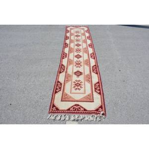 Classic Beige Red Vintage Turkish <b>Rug</b> 2.4 X 10.6 ft Large Area Patchwork Design Wool Latex for Hallway <b>Bedroom</b> Room Bedside <b>Rug</b> - Product Image 1