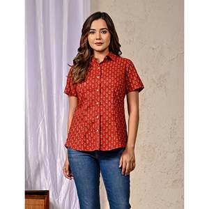 Red Poplin Cotton Printed <b>Half</b> Sleeves <b>Shirt</b> for Women Stand Collar Embroidered Decoration Viscose Rayon XS XL Long for Autumn - Product Image 3