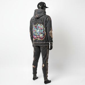 Chándal Premium para hombre 340 GSM tela de lana desgastada negro lejía lavado logotipo personalizado impresión 3D bordado chándal - Product Image 5