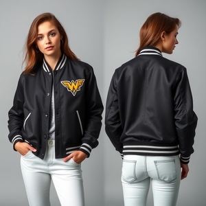 Vintage Look Custom Logo Varsity Jacket: Wool Body, Leather Sleeves, New Style, Snap Button, Thick Warm Quilting Inside - Product Image 2