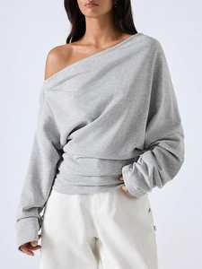 Épaule dénudée gris femmes sweat à manches longues doux coton Stretch pull à la mode Streetwear OEM personnalisé décontracté haut tendance - Product Image 2