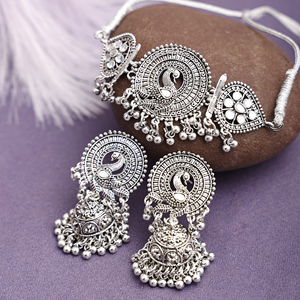 GS Peacock <b>Choker</b> with <b>Silver</b> Flower Design Wedding Jewelry Zircon-Studded Alloy Material - Product Image 1
