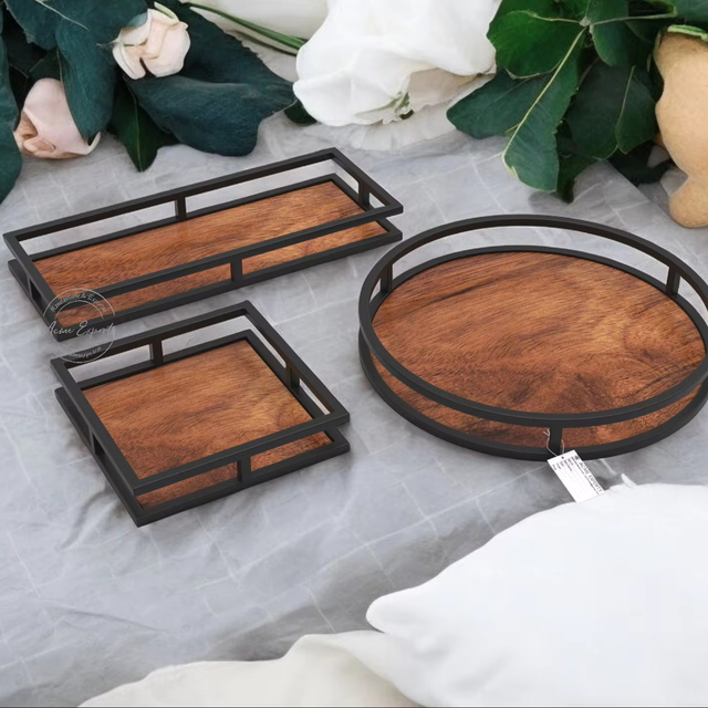 Simple and Classy Wood and Iron Serving Trays Three Different Designs and Sizes with Exclusive Quality Rate