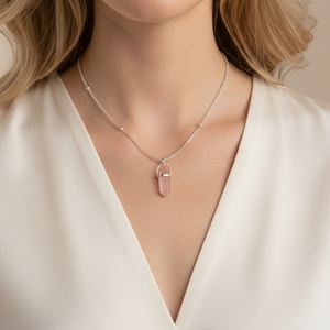 Collier en argent sterling 925 plaqué rhodium avec chaîne à billes en forme de balle en quartz rose, tendance, serti en argent, certifié IGI - Product Image 5