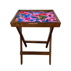 Mesa de bandeja plegable de madera y resina con estampado de hojas rosas, mesa de servicio pulida portátil para decoración del hogar - Product Image 1