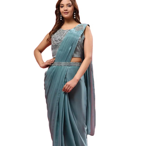 El último Sari de secuencia de bordado de seda de diseñador listo para usar de Fab Zone - Product Image 1