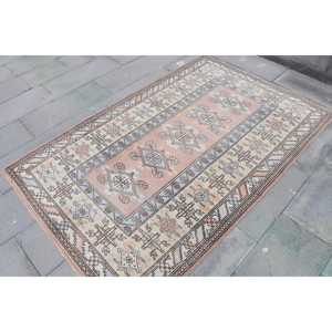 Vintage 4.2x6.3 ft Rug, Turkish Rug, <b>Brown</b> Striped Rug <b>Wool</b> - Product Image 3