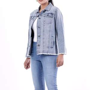 Chaqueta Vaquera Larga Elástica Personalizada para Mujer, Chaqueta de Mezclilla de Algodón Azul, Lisa, para Invierno, Talla Grande - Product Image 2