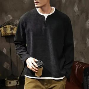 Spring and Autumn New <b>Men</b> <b>Henley</b> neck T Shirt <b>Long</b> <b>Sleeve</b> Casual Solid color T-Shirt Fashion Waffle two-piece Sweatshirts - Product Image 2