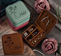 Portable Logo Personnalisé En Relief Imprimé Petit Voyage Bijoux Organisateur Carré En Cuir Fermeture À Glissière Anneau Boucle D'oreille Collier Boîtes