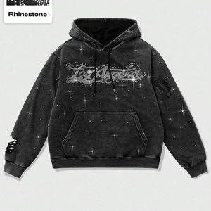 Sweat à capuche unisexe personnalisé pour l'automne avec logo avant orné de strass, style streetwear, délavage acide, 100% coton molletonné 2025 - Product Image 1